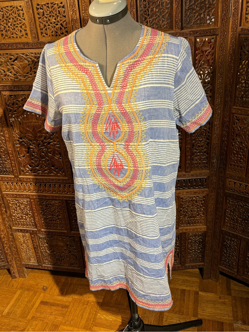 THML Blue and White Striped Embroidered Dress